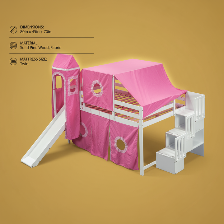Full Size Loft Bed with Tent and Tower, Sturdy Wooden Frame, Adventure-Themed Fun and Functional Design for Bedroom, Pink