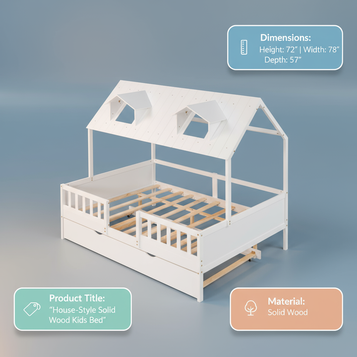 Full Size House Bed Wood Bed with Twin Size Trundle ( White )