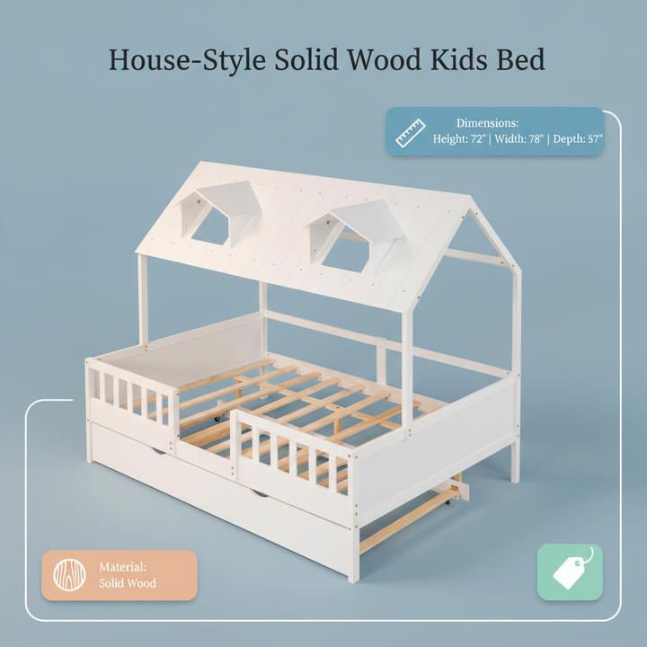 Full Size House Bed Wood Bed with Twin Size Trundle ( White )