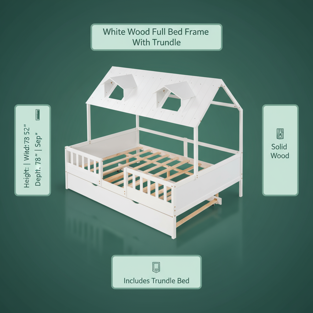 Full Size House Bed Wood Bed with Twin Size Trundle ( White )