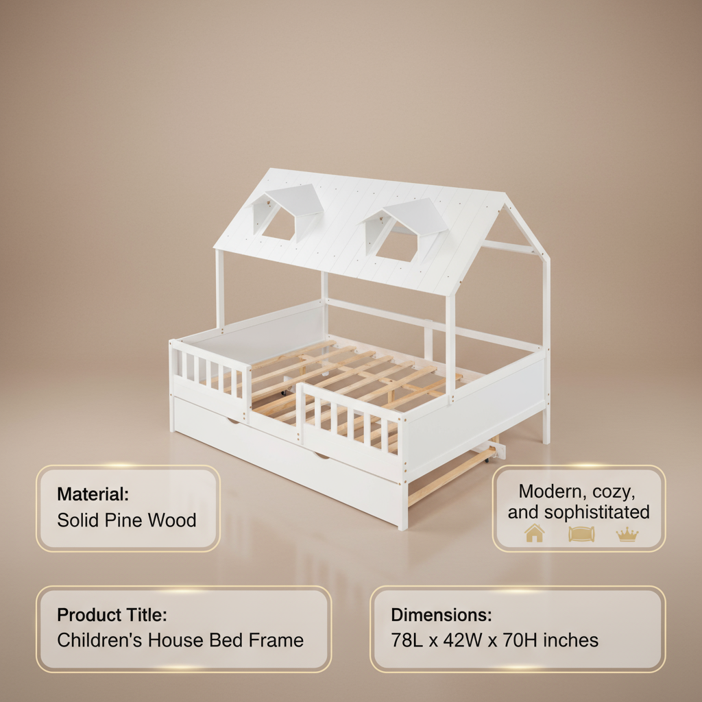 Full Size House Bed Wood Bed with Twin Size Trundle ( White )