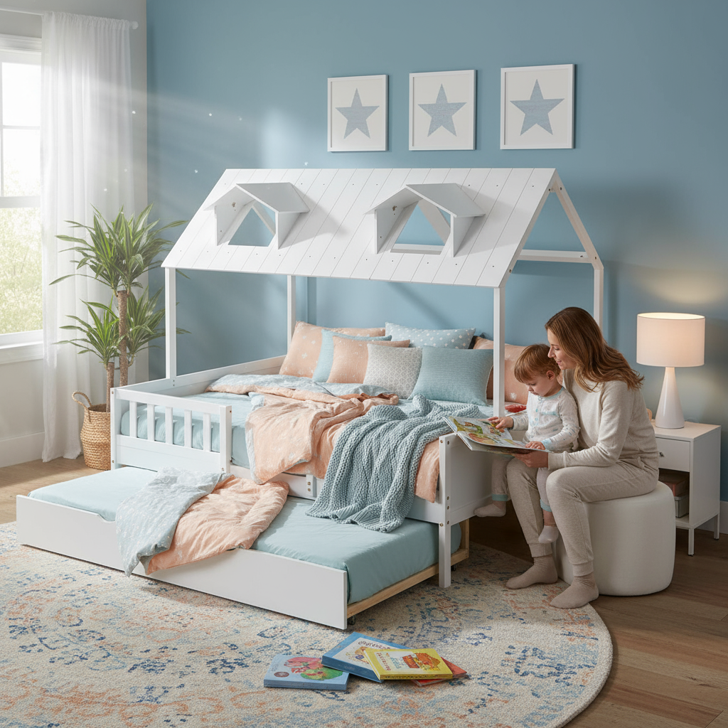 Full Size House Bed Wood Bed with Twin Size Trundle ( White )