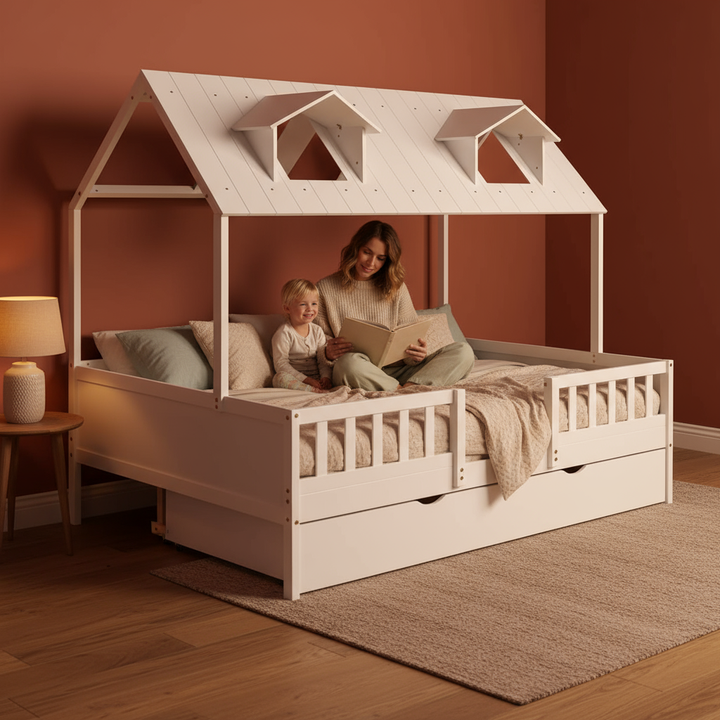 Full Size House Bed Wood Bed with Twin Size Trundle ( White )