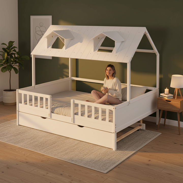 Full Size House Bed Wood Bed with Twin Size Trundle ( White )