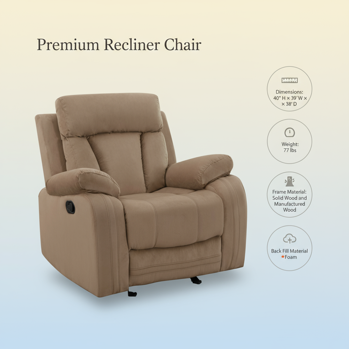 Premium Beige Microsuede Manual Recliner Chair with Steel Base - Contemporary Single-Seat Glider Reclining Chair for Modern Living Room