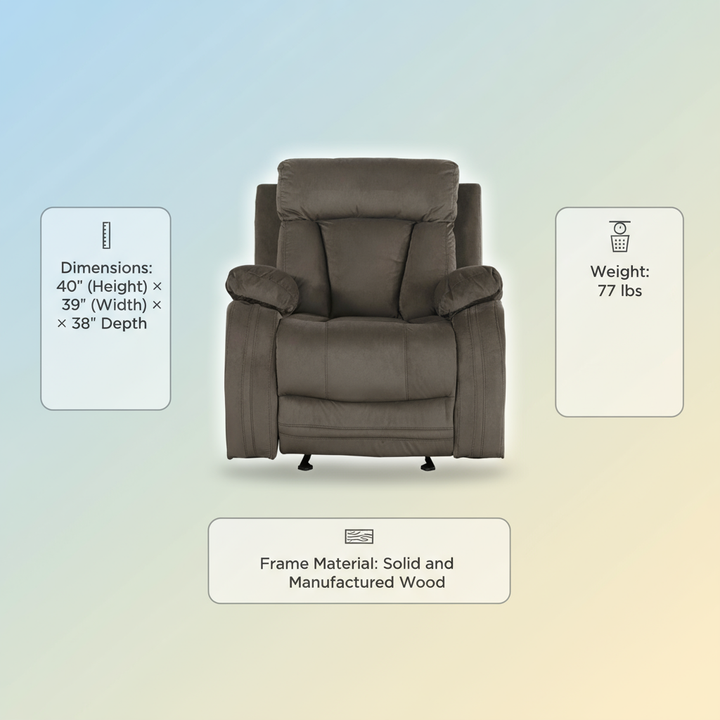 Premium Brown Microsuede Manual Recliner Chair with Steel Base - Contemporary Single-Seat Glider Reclining Chair for Modern Living Room