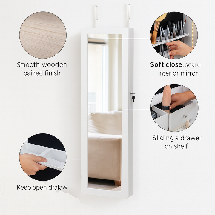 Wall-Mounted LED Jewelry Storage Cabinet – 3 Shelves, Drawers & Brush Holders | Lighted Makeup Organizer | Trufairs