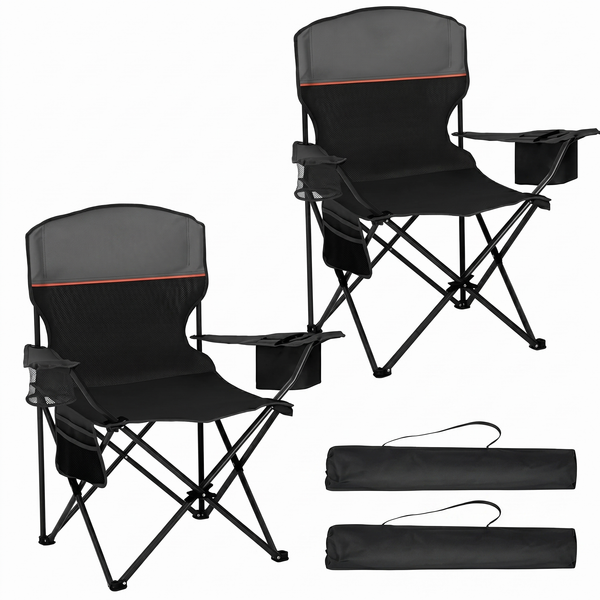 Black oversized folding camping chair with orange trim shown with two rolled carry bags on a white background
