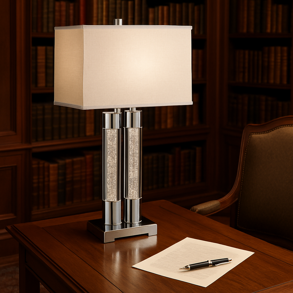 Elegant  Chrome & Acrylic Table Lamp with Linen Shade