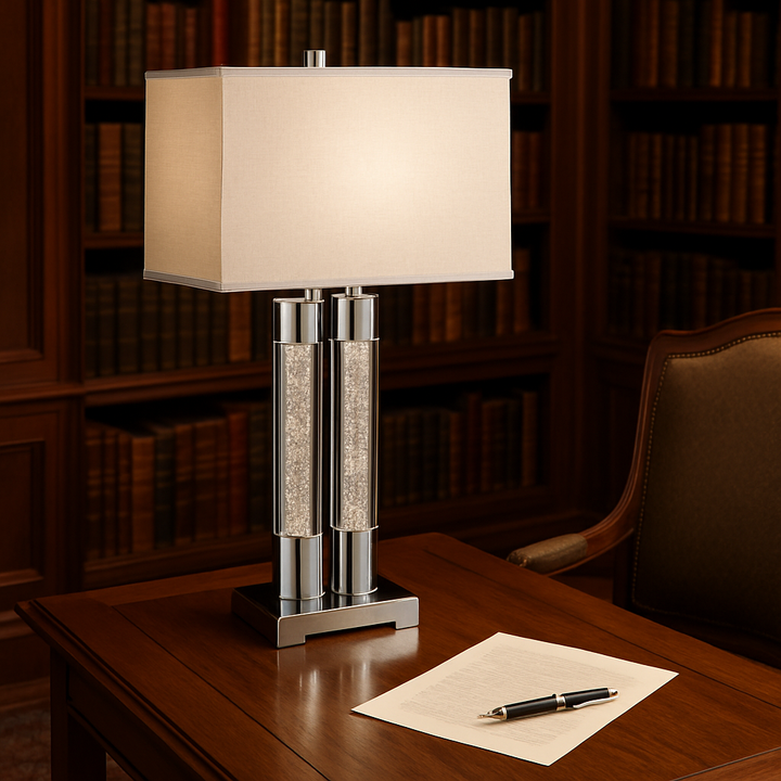 Elegant  Chrome & Acrylic Table Lamp with Linen Shade
