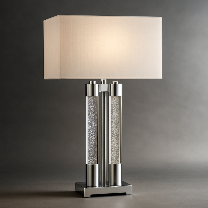 Elegant  Chrome & Acrylic Table Lamp with Linen Shade
