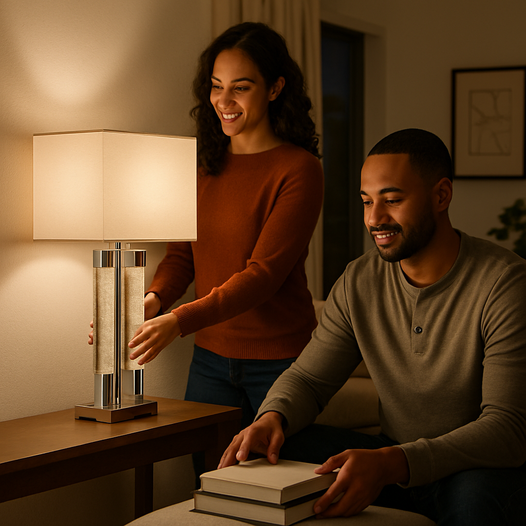 Elegant  Chrome & Acrylic Table Lamp with Linen Shade