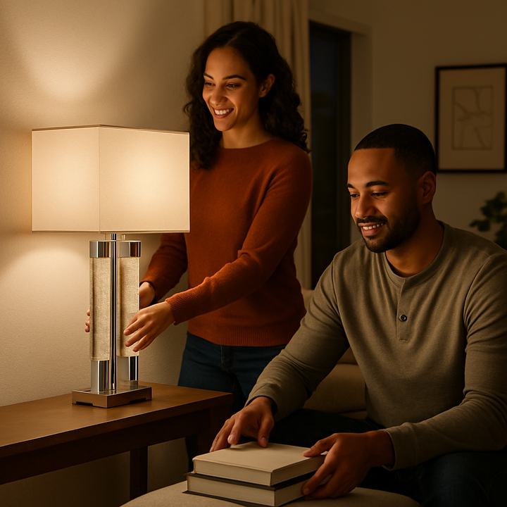 Elegant  Chrome & Acrylic Table Lamp with Linen Shade