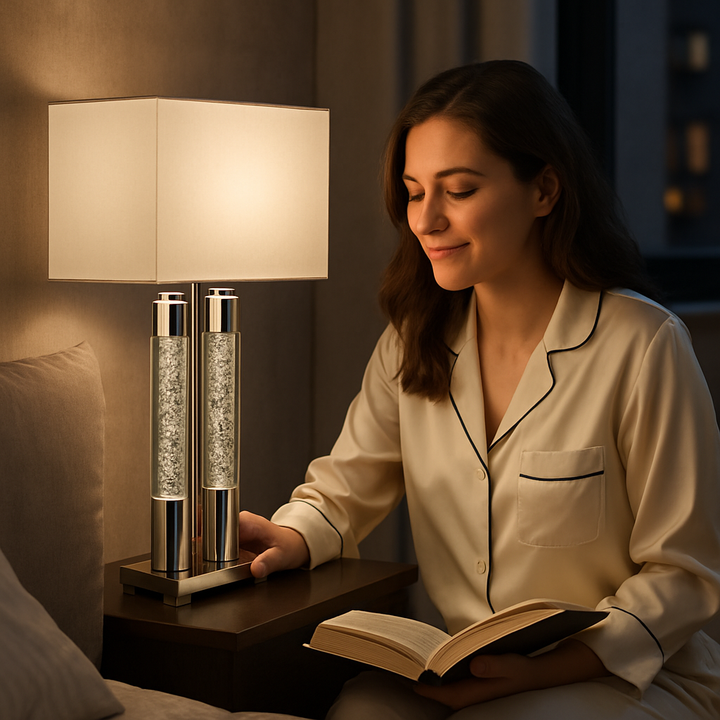 Elegant  Chrome & Acrylic Table Lamp with Linen Shade