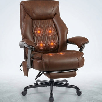 Black executive massage office chair with glowing heat and vibration nodes and extended footrest