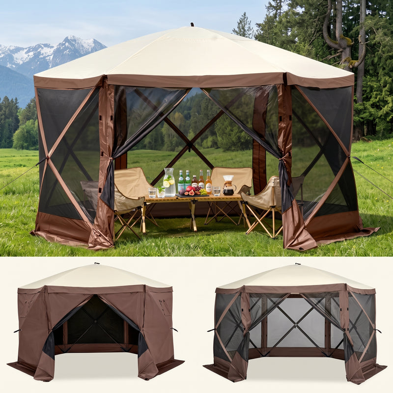 Brown and beige 6-sided pop-up screen tent gazebo set up in a mountain meadow with a table and camping chairs inside