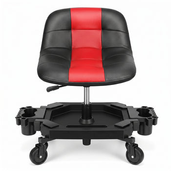 Red rolling garage stool with padded backrest shown from the front on a white background