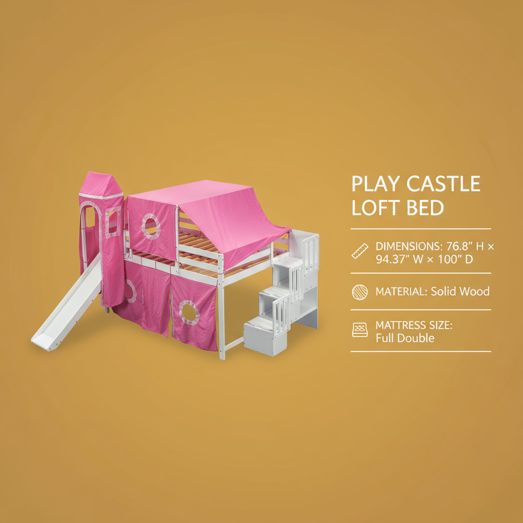 Full Size Loft Bed with Tent and Tower, Sturdy Wooden Frame, Adventure-Themed Fun and Functional Design for Bedroom, Pink