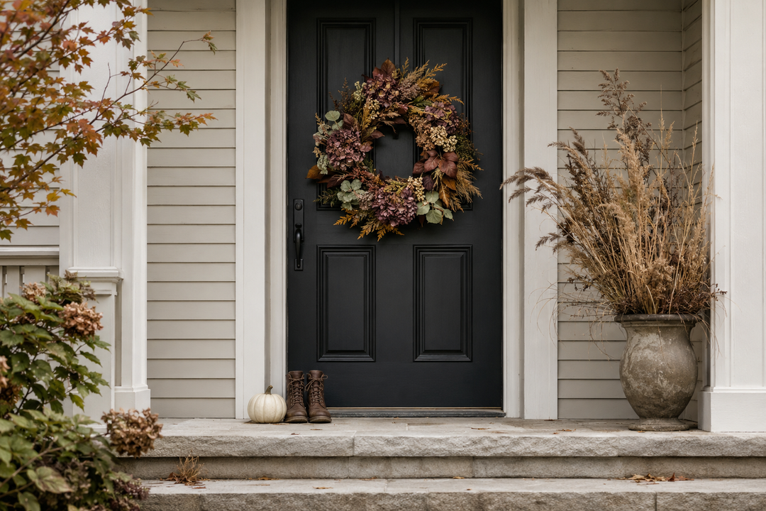 A dark front door with a muted autumn wreath, photographed from the porch steps