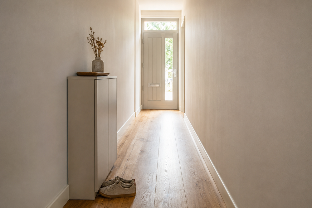 A narrow hallway with a slim shoe cabinet against one wall and the front door beyond.