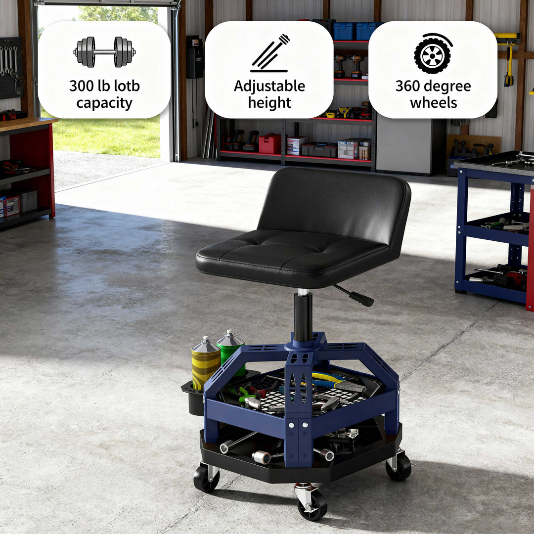 HOMCOM Rolling Creeper Garage Stool – 300 LBS Capacity with Adjustable Height & 360° Wheels Casters & Underseat Tool Tray,Blue | Mechanic Stool | Trufairs