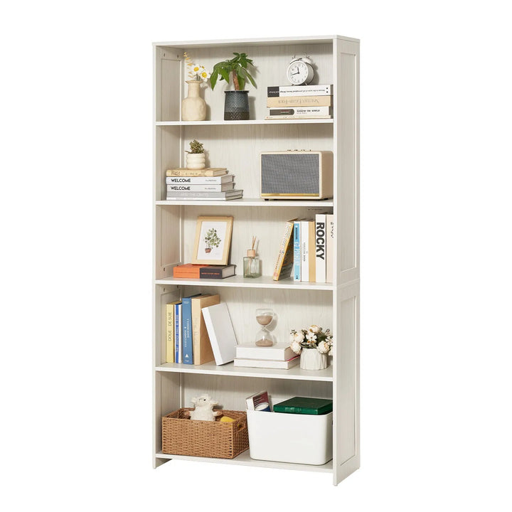 5 Tiers Wide Bookshelf 68" Wooden Freestanding Open Bookcase Shelf White
