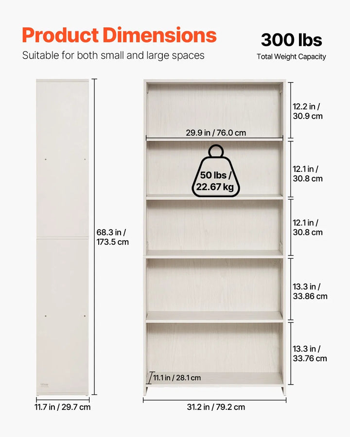 5 Tiers Wide Bookshelf 68" Wooden Freestanding Open Bookcase Shelf White