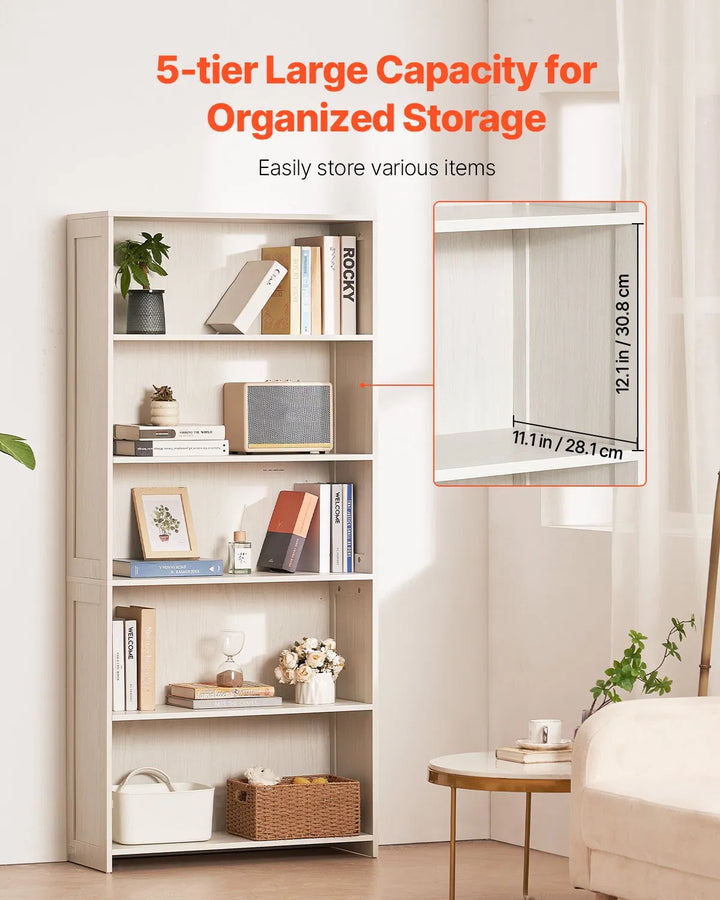 5 Tiers Wide Bookshelf 68" Wooden Freestanding Open Bookcase Shelf White