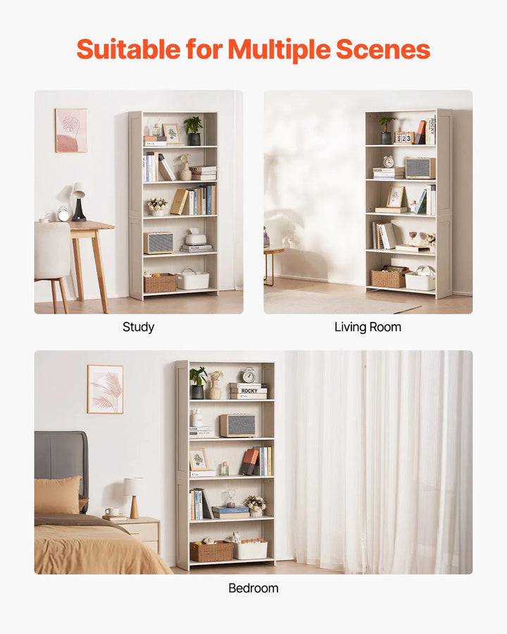 5 Tiers Wide Bookshelf 68" Wooden Freestanding Open Bookcase Shelf White