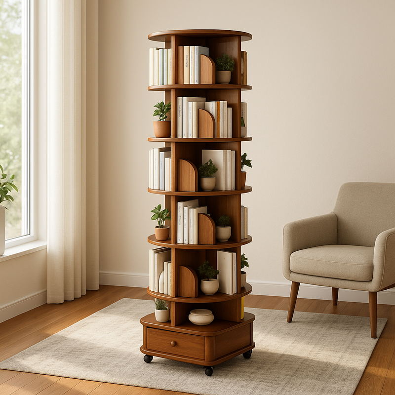 360° Rotating Bookshelf – 6-Tier Corner Bookcase with Wheels, Space-Saving Vertical Storage Rack | Trufairs