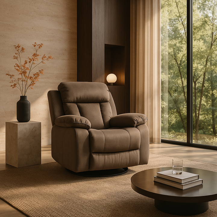 Premium Brown Microsuede Manual Recliner Chair with Steel Base - Contemporary Single-Seat Glider Reclining Chair for Modern Living Room