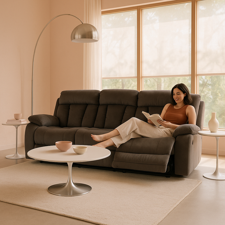 Premium Brown Microsuede Manual Recliner Sofa with Steel Base - Contemporary 3-Seat Glider Reclining Sofa for Modern Living Room