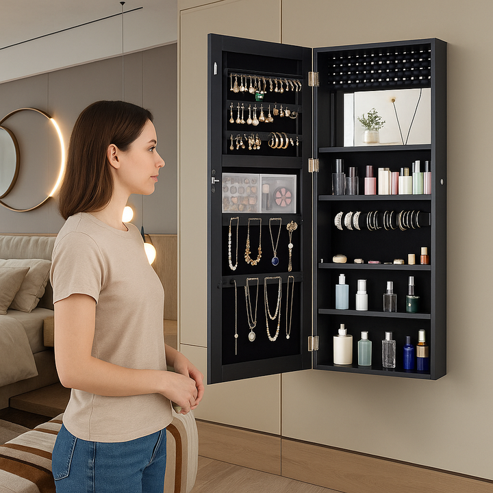 Premium Frameless Mirror Jewelry Armoire: Secure Space-Saving Storage with Dual Mounting Options