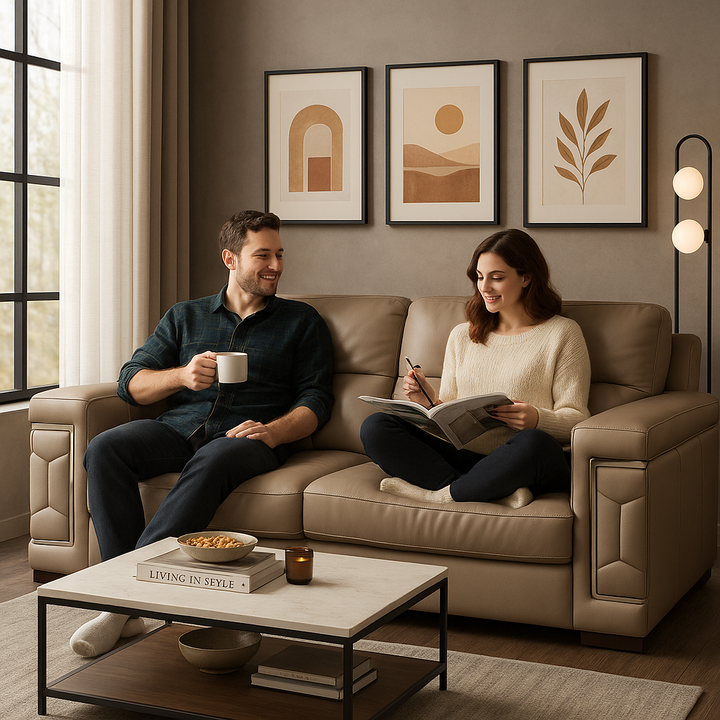 Luxury Beige Italian Leather Living Room Set - 3-Piece Coil Spring Sofa with Wood Frame