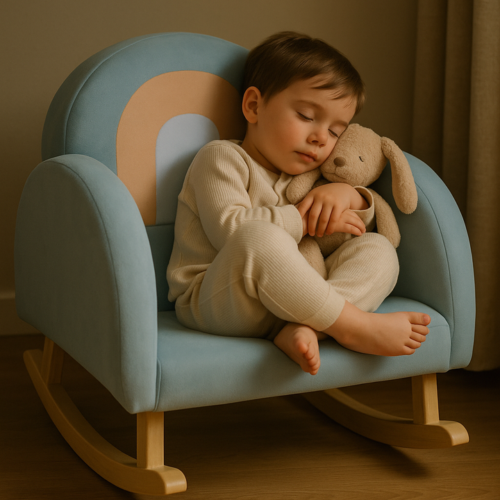 Premium Blue Velvet Toddler Rocking Chair with Solid Rubber Wood Frame - ASTM Certified Kids Furniture for Ages 0-5