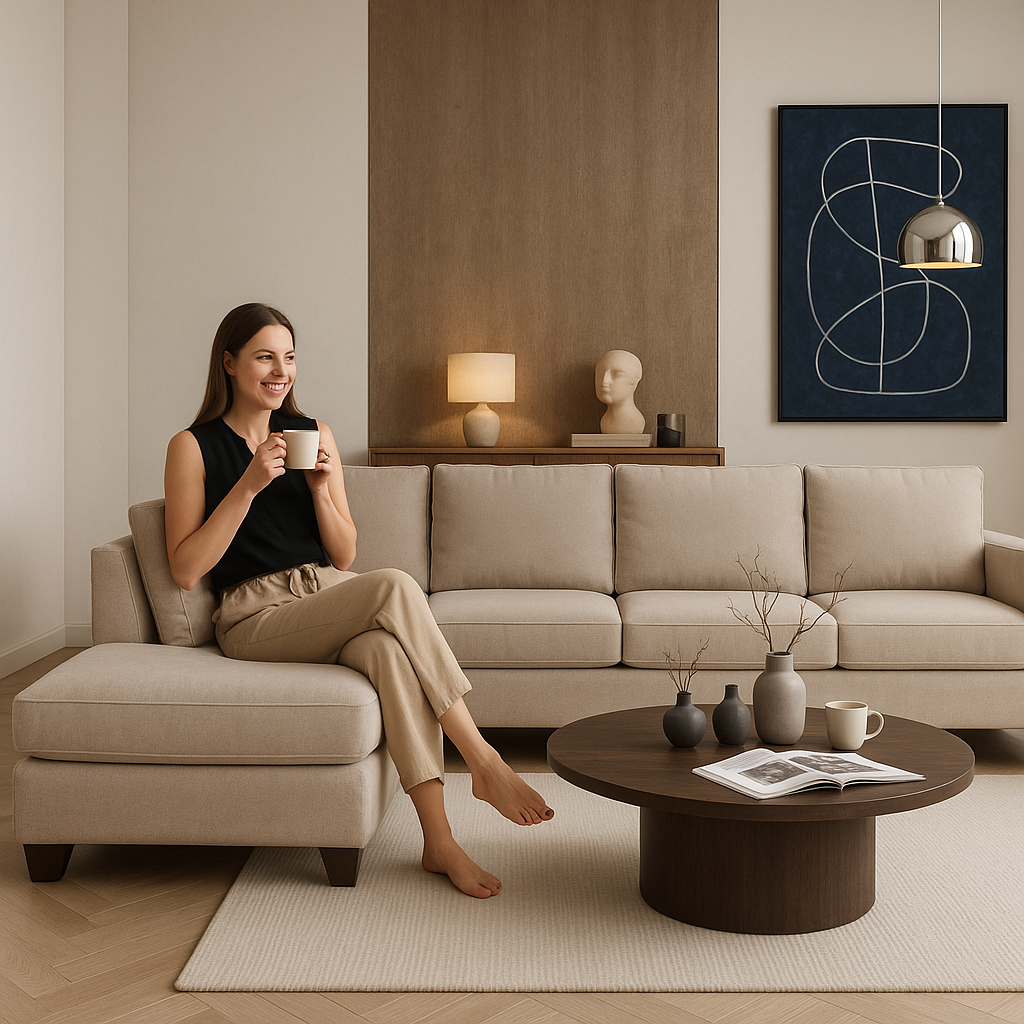 Tan Beige Blue Right Facing L-Shaped Sectional Sofa