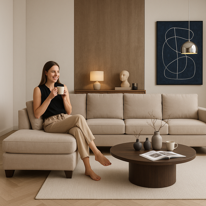 Tan Beige Blue Right Facing L-Shaped Sectional Sofa