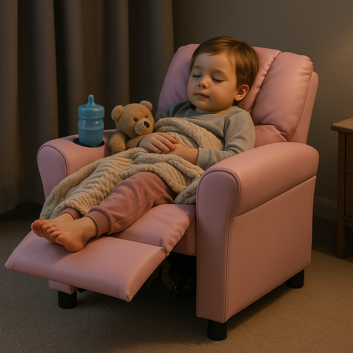 Premium  PU Leather Kids Recliner Chair with Front Footrest & Cup Holder - Solid Wood Frame Children's Furniture for Ages 2-12
