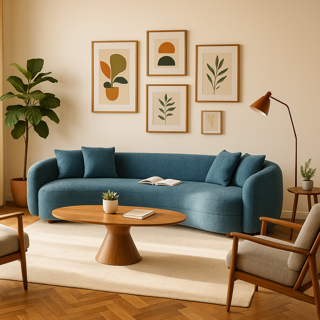 5-Seater Blue Boucle Curved Sectional Sofa - Half Moon Modern Living Room Couch with 4 Throw Pillows