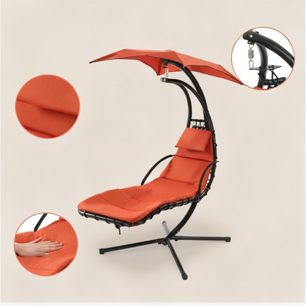 Outdoor Hanging Chaise Swing Orange - Lounger Chair with UV Canopy, Cushion & Stand for Garden Porch Comfort