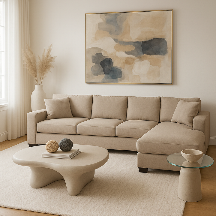 Tan Beige Blue Right Facing L-Shaped Sectional Sofa