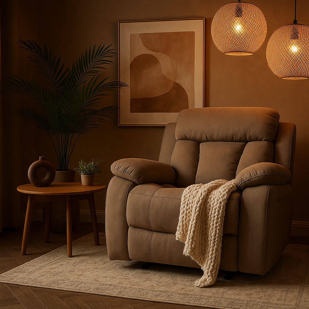 Premium Beige Microsuede Manual Recliner Chair with Steel Base - Contemporary Single-Seat Glider Reclining Chair for Modern Living Room