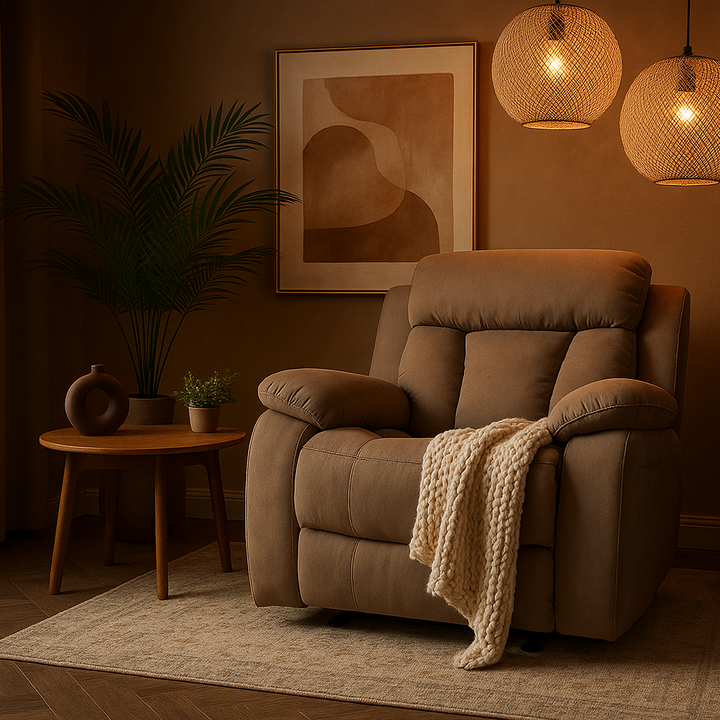 Premium Beige Microsuede Manual Recliner Chair with Steel Base - Contemporary Single-Seat Glider Reclining Chair for Modern Living Room