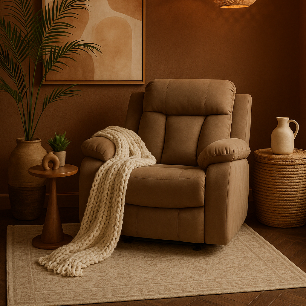 Premium Beige Microsuede Manual Recliner Chair with Steel Base - Contemporary Single-Seat Glider Reclining Chair for Modern Living Room
