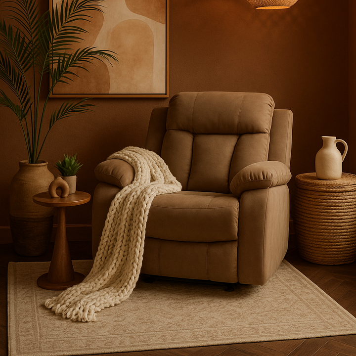 Premium Beige Microsuede Manual Recliner Chair with Steel Base - Contemporary Single-Seat Glider Reclining Chair for Modern Living Room