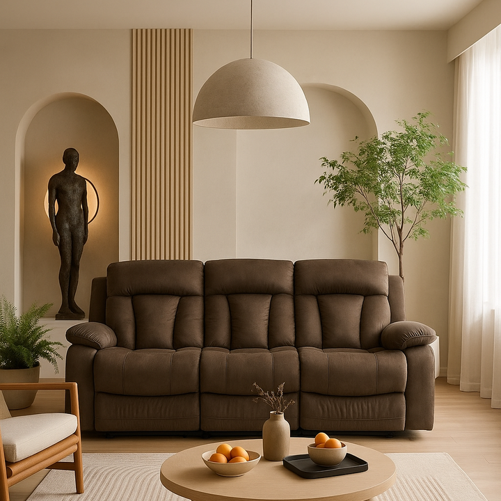 Premium Brown Microsuede Manual Recliner Sofa with Steel Base - Contemporary 3-Seat Glider Reclining Sofa for Modern Living Room