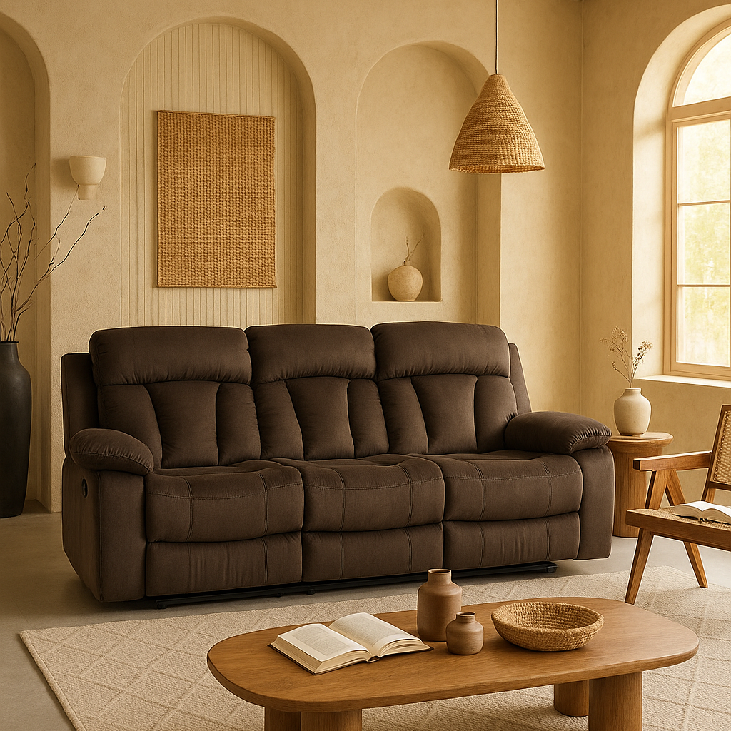 Premium Brown Microsuede Manual Recliner Sofa with Steel Base - Contemporary 3-Seat Glider Reclining Sofa for Modern Living Room