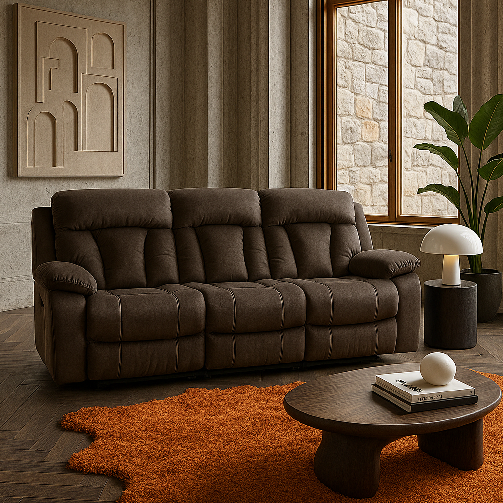 Premium Brown Microsuede Manual Recliner Sofa with Steel Base - Contemporary 3-Seat Glider Reclining Sofa for Modern Living Room