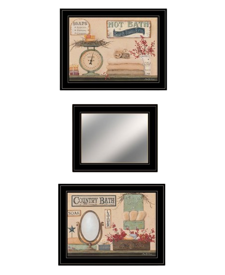 Refined Trio Black Rim Gallery Bathroom Art & Mirror Set