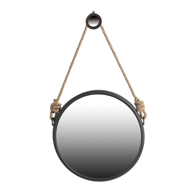 19.5" in Handsome Cleveland Mirror with Rope Strap Contemporary Design Circle Mirror with Grey Round Metal Frame for Wall Decor Bathroom, Entryway